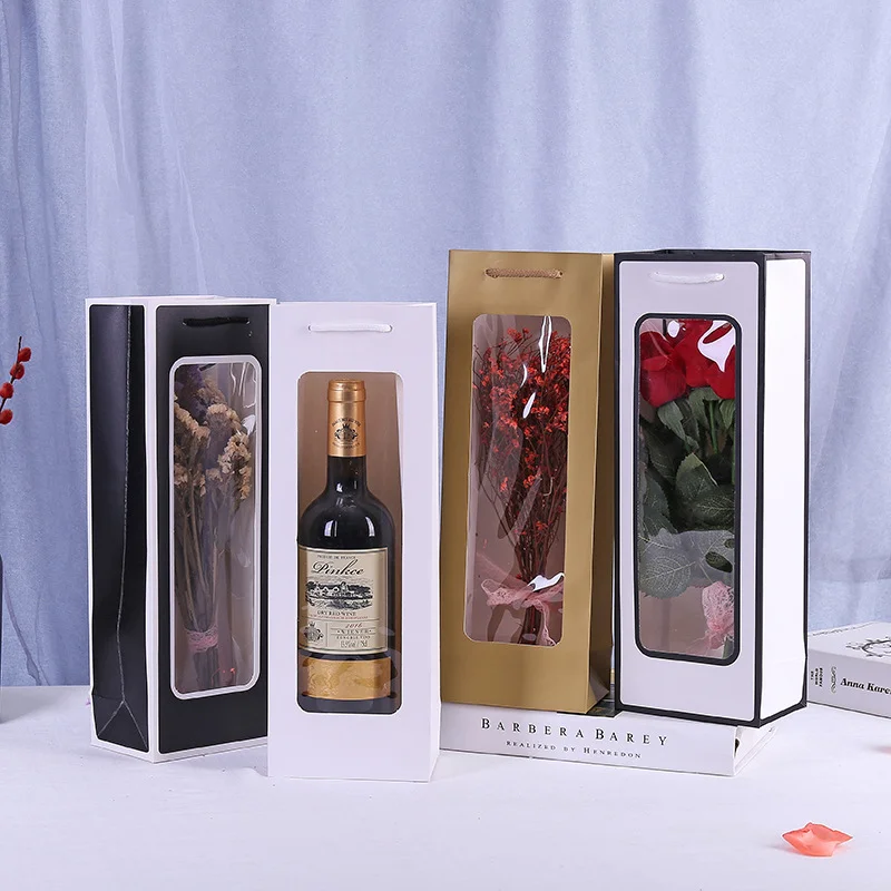 1000 шт./лот Оптовая продажа, Крафт-бумага, окно из ПВХ, Прозрачный пакет для вина с индивидуальным логотипом, Прямоугольная Подарочная упаковка для цветов Изображение 0