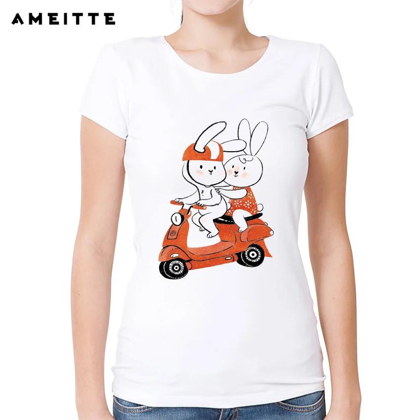 2019 Футболка AMEITTE Cute Two Rabbits ride moto, футболки с принтом забавных кроликов, летние женские футболки в стиле харадзюку Изображение 0