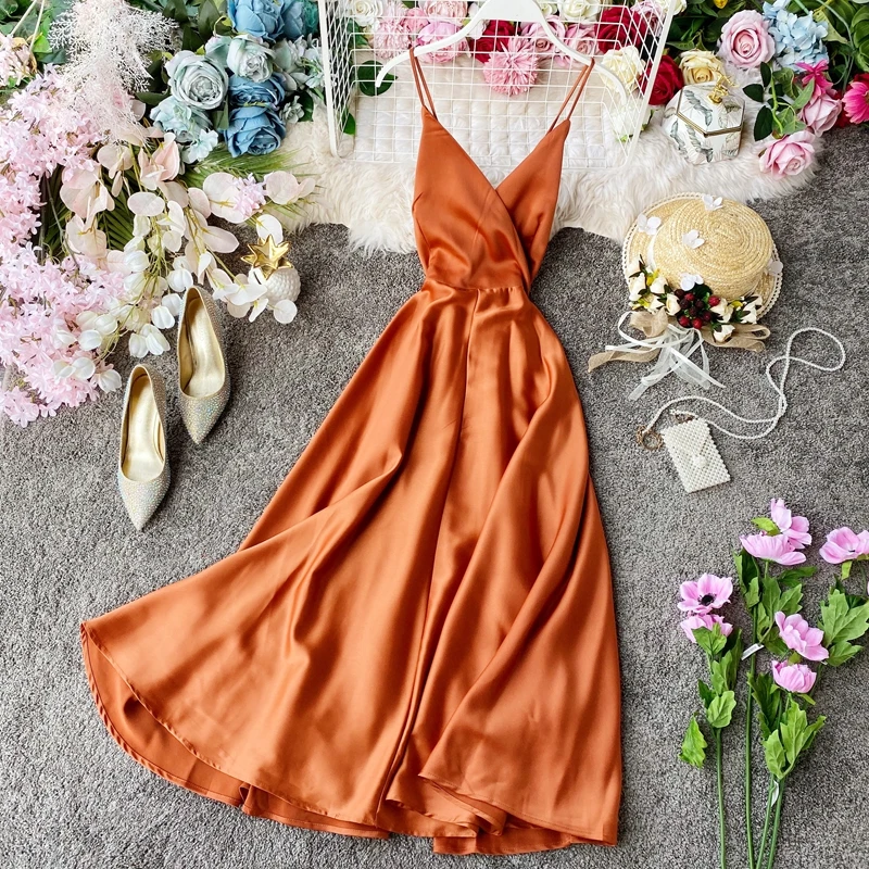 2023 Весенне-летнее женское платье-комбинация из атласа, длинное платье с открытой спиной и поясом, элегантное платье Миди для праздничной вечеринки Изображение 1