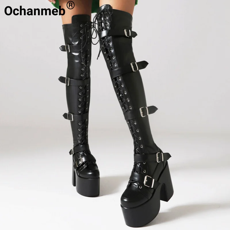 Ochanmeb/ Женские сапоги до бедра в стиле панк-готик с Несколькими пряжками На толстом каблуке и платформе, сапоги выше колена в готическом стиле, Женская обувь для вечеринок Изображение 0