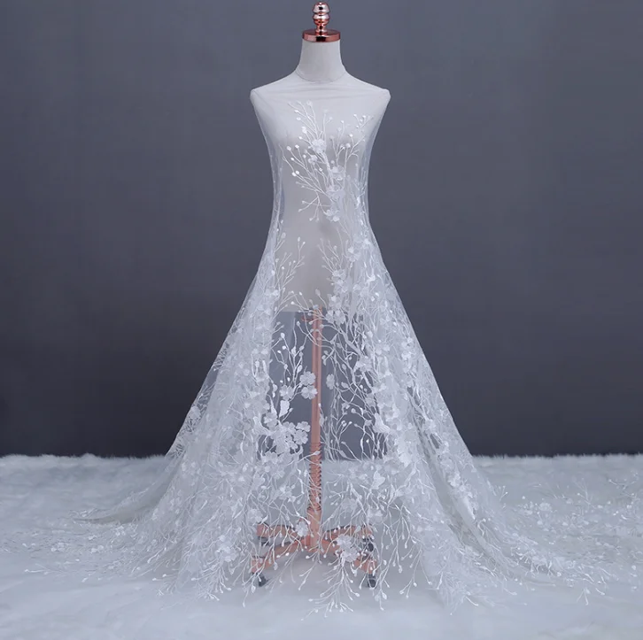 белая французско-африканская кружевная ткань для пэчворка Высококачественная тюлевая кружевная ткань для свадебного платья Изображение 0