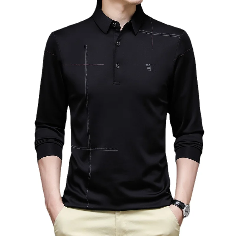 Высококачественная мужская футболка Ice Silk с длинными рукавами, рубашка с лацканами, свободные весенне-осенние повседневные трендовые топы для деловых людей Изображение 0