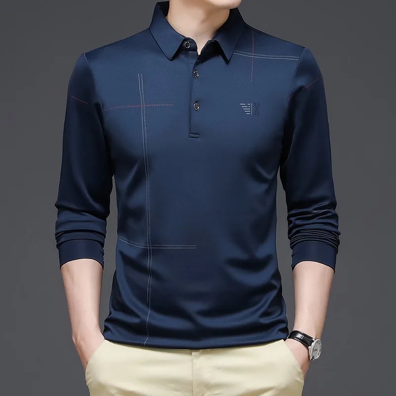 Высококачественная мужская футболка Ice Silk с длинными рукавами, рубашка с лацканами, свободные весенне-осенние повседневные трендовые топы для деловых людей Изображение 1