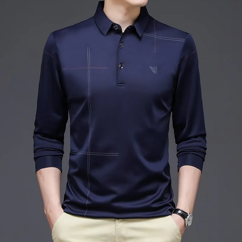 Высококачественная мужская футболка Ice Silk с длинными рукавами, рубашка с лацканами, свободные весенне-осенние повседневные трендовые топы для деловых людей Изображение 2