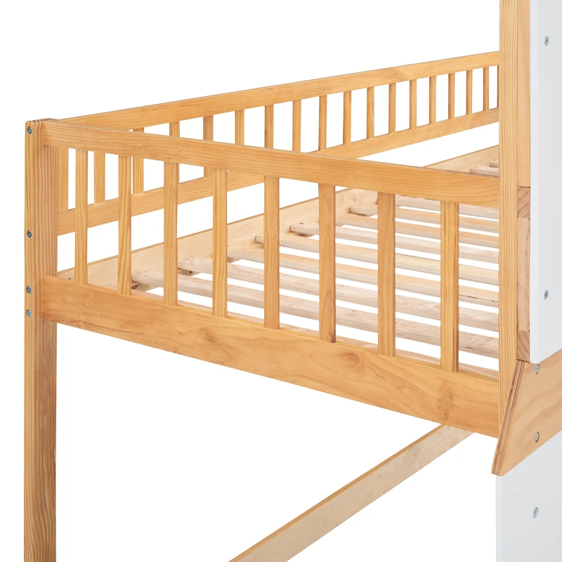 Двухъярусная кровать двойного размера, деревянная кровать в форме поезда (натуральное дерево) Изображение 4
