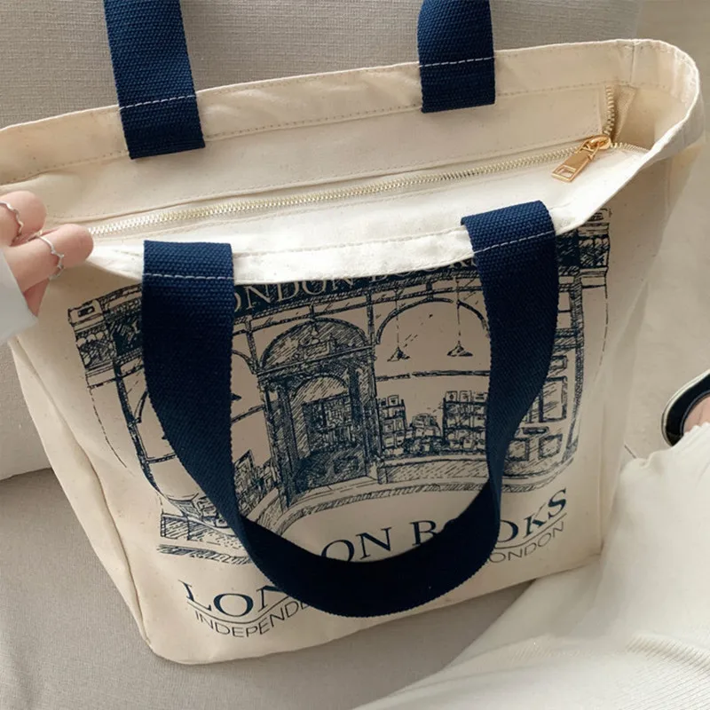 Женская холщовая сумка через плечо, женская повседневная сумка-тоут, многоразовая хлопковая пляжная сумка для покупок большой емкости Изображение 4
