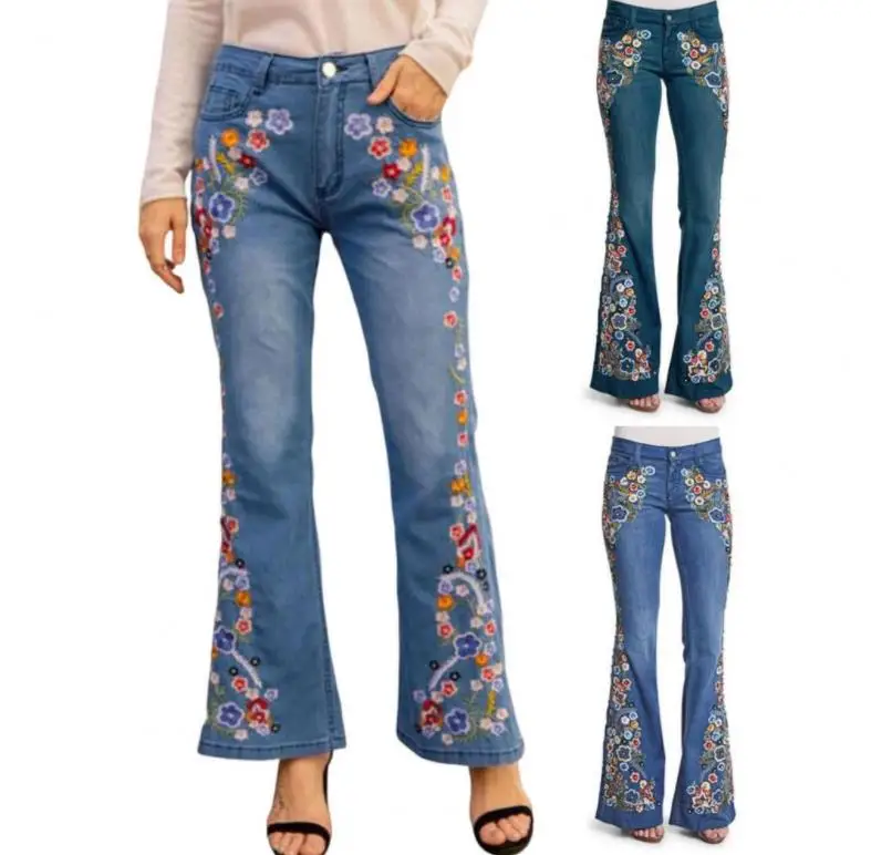 Женские джинсы 2023, Летние Новые Свободные брюки-клеш с цветочной вышивкой, Модные женские джинсовые брюки, Элегантная универсальная уличная одежда Mujer Изображение 0