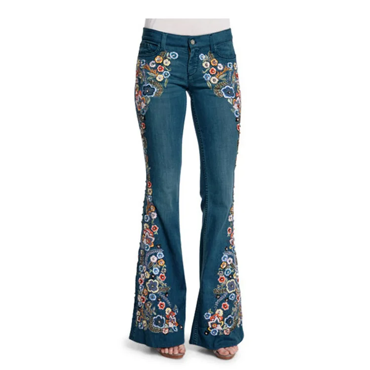 Женские джинсы 2023, Летние Новые Свободные брюки-клеш с цветочной вышивкой, Модные женские джинсовые брюки, Элегантная универсальная уличная одежда Mujer Изображение 1