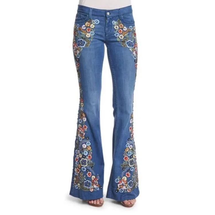 Женские джинсы 2023, Летние Новые Свободные брюки-клеш с цветочной вышивкой, Модные женские джинсовые брюки, Элегантная универсальная уличная одежда Mujer Изображение 2