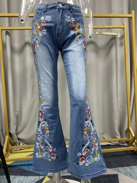 Женские джинсы 2023, Летние Новые Свободные брюки-клеш с цветочной вышивкой, Модные женские джинсовые брюки, Элегантная универсальная уличная одежда Mujer Изображение 3