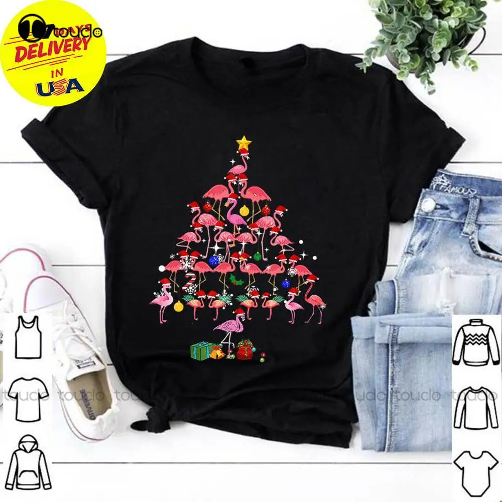 Забавная футболка с изображением рождественской елки с фламинго, идеи подарков к Рождественским праздникам Изображение 0