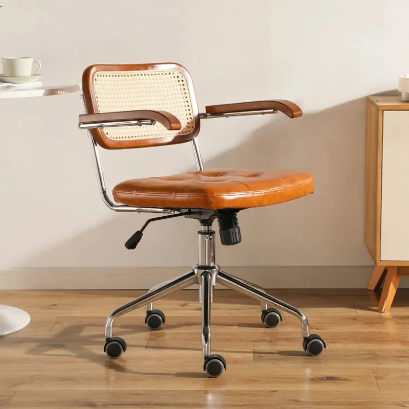 Компьютерный стул из японского ротанга, вращающийся стул в стиле ретро, Удобное сиденье рабочего стола, Дышащий подлокотник, стул из ротанга, Офисная мебель Изображение 0