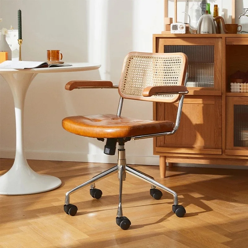 Компьютерный стул из японского ротанга, вращающийся стул в стиле ретро, Удобное сиденье рабочего стола, Дышащий подлокотник, стул из ротанга, Офисная мебель Изображение 1