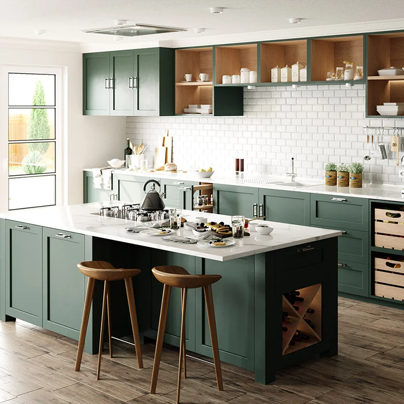 Кухонные шкафы из массива светлого дерева роскошного зеленого цвета На заказ Кухонная мебель кухонный остров По индивидуальному заказу для всего дома Изображение 0