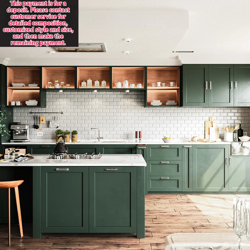 Кухонные шкафы из массива светлого дерева роскошного зеленого цвета На заказ Кухонная мебель кухонный остров По индивидуальному заказу для всего дома Изображение 4