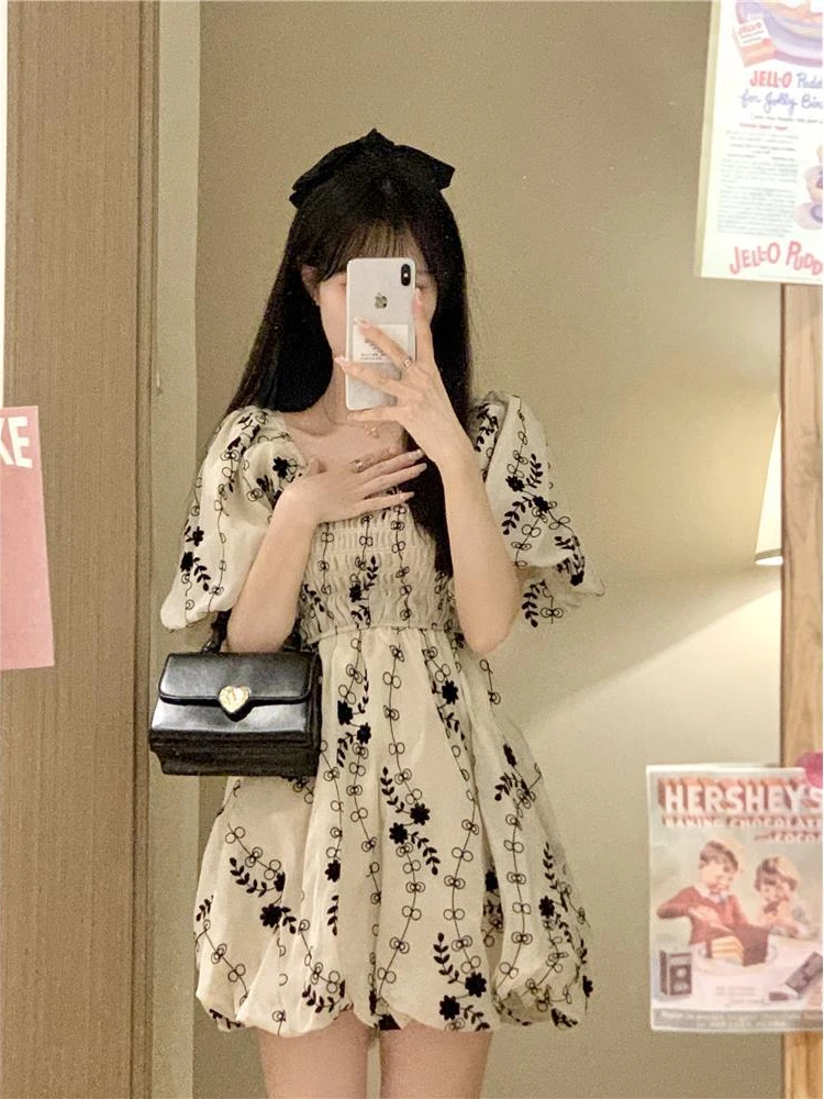 Летнее милое платье с цветочным рисунком Kawaii, женское винтажное платье с цветочным принтом Mori Girl, с пышными рукавами и запахом, милые короткие платья 2023 Изображение 2