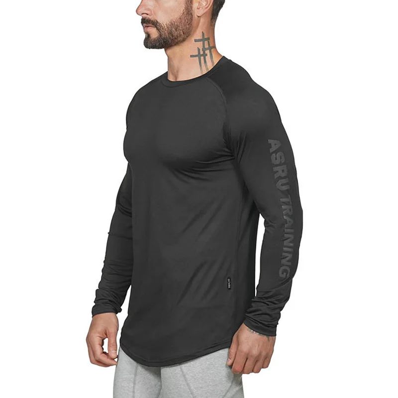 Мужская быстросохнущая футболка с буквенным принтом для занятий фитнесом и отдыха, футболка с длинным рукавом, Тренировочные эластичные колготки для бега в тренажерном зале. Изображение 2