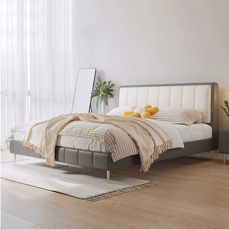 Скандинавская кожаная кровать с верхним слоем 1,8 м, двуспальная кровать 1,5 м, итальянская современная минималистичная легкая роскошная кровать Изображение 0