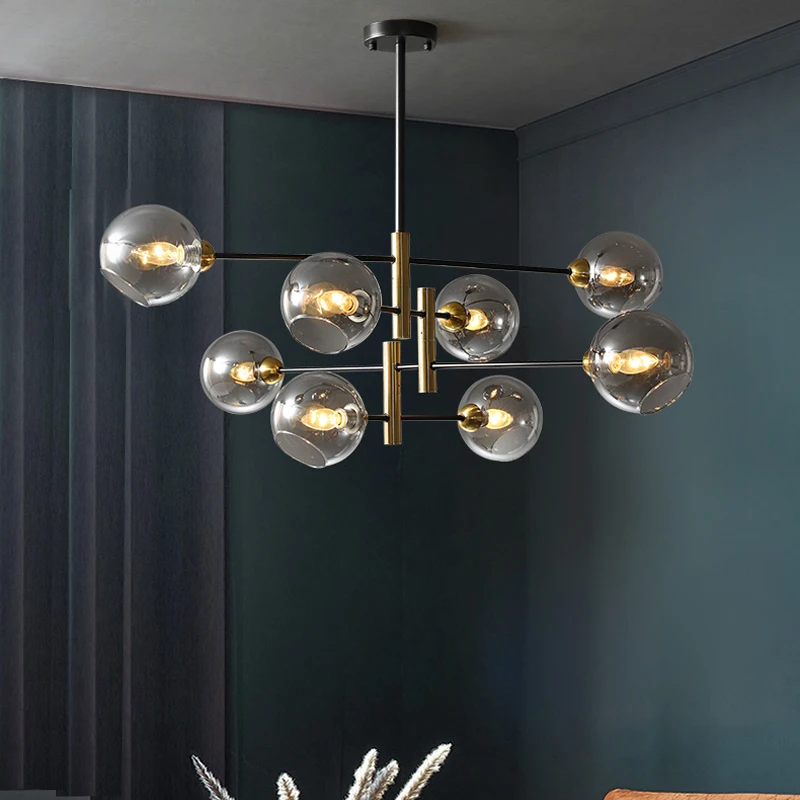 Современная светодиодная люстра в скандинавском стиле для гостиной, столовой, спальни, потолочный подвесной светильник, стеклянный шар из черного золота, подвесной светильник Изображение 0