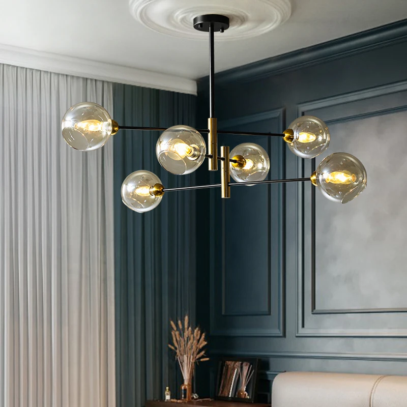 Современная светодиодная люстра в скандинавском стиле для гостиной, столовой, спальни, потолочный подвесной светильник, стеклянный шар из черного золота, подвесной светильник Изображение 1