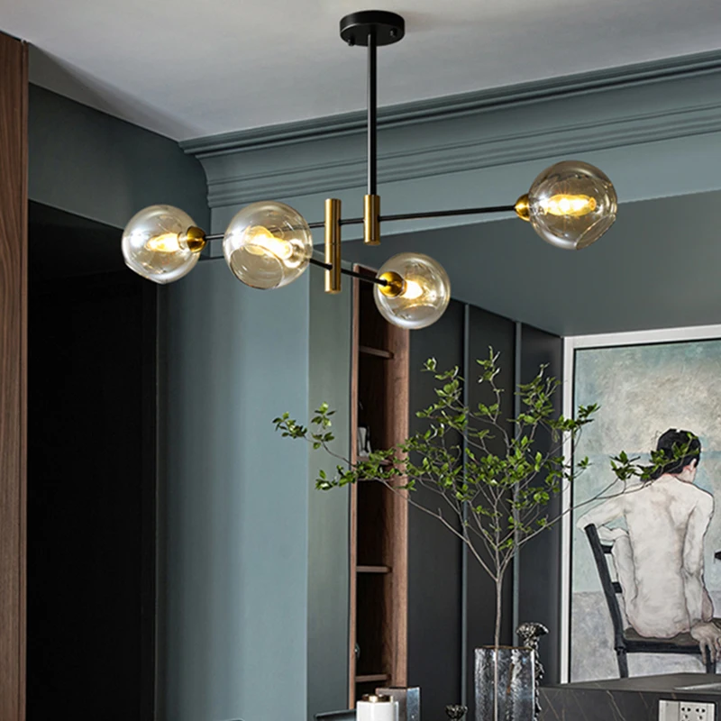 Современная светодиодная люстра в скандинавском стиле для гостиной, столовой, спальни, потолочный подвесной светильник, стеклянный шар из черного золота, подвесной светильник Изображение 2