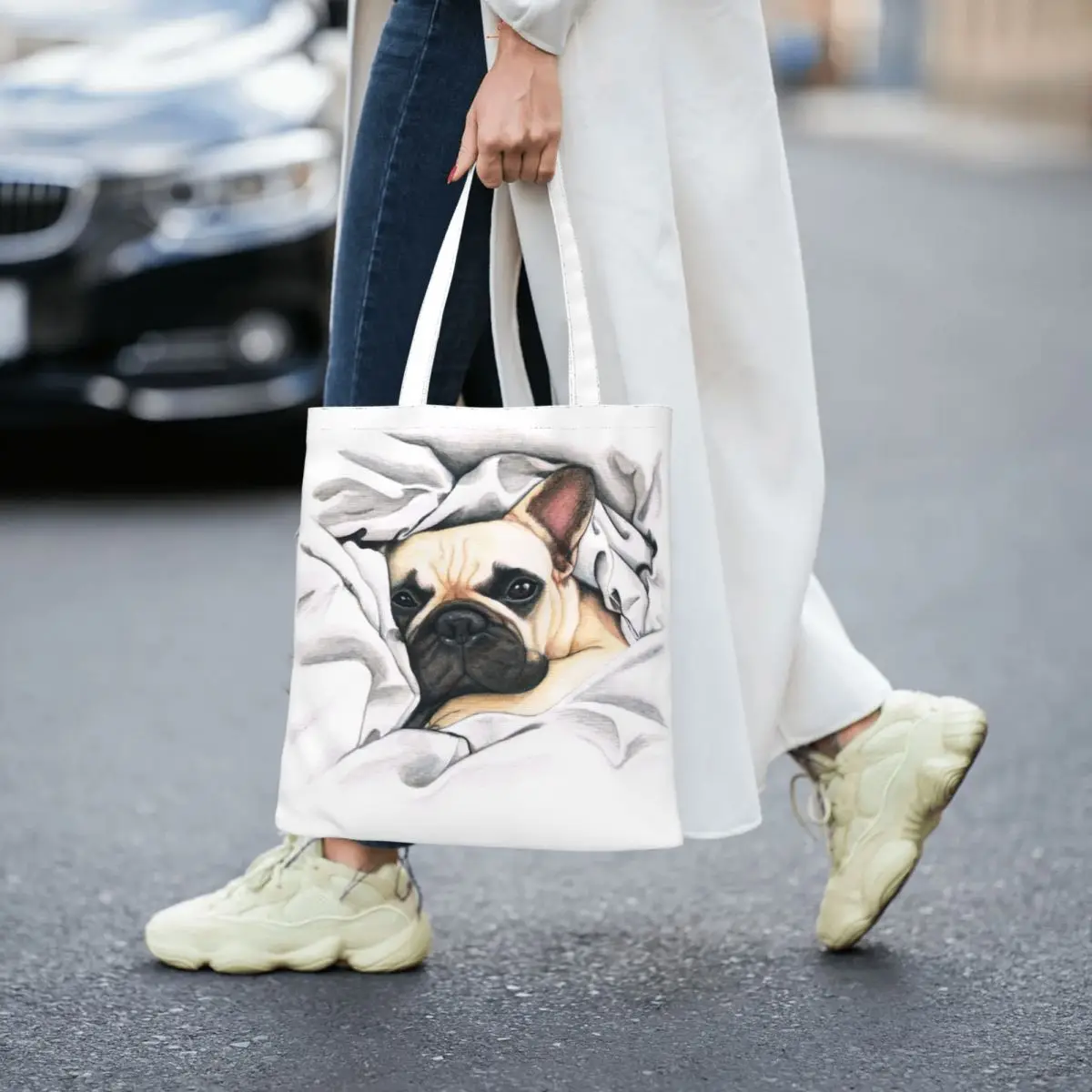 Сумка для покупок с принтом французского бульдога в стиле Каваи, холщовая сумка для покупок через плечо, сумка для любителей французских собак Изображение 3