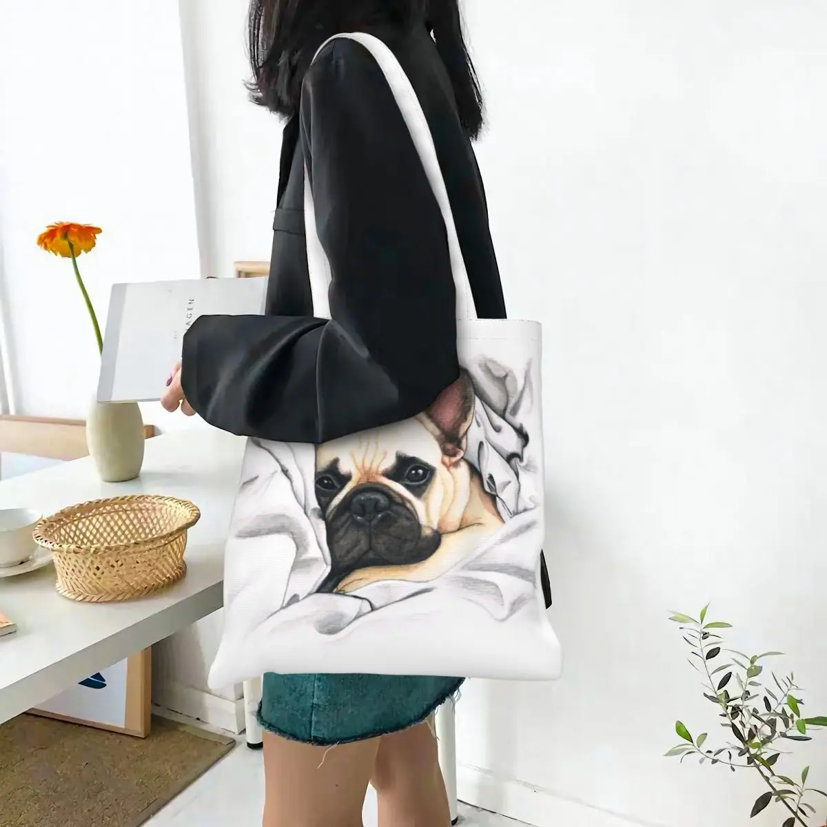 Сумка для покупок с принтом французского бульдога в стиле Каваи, холщовая сумка для покупок через плечо, сумка для любителей французских собак Изображение 4