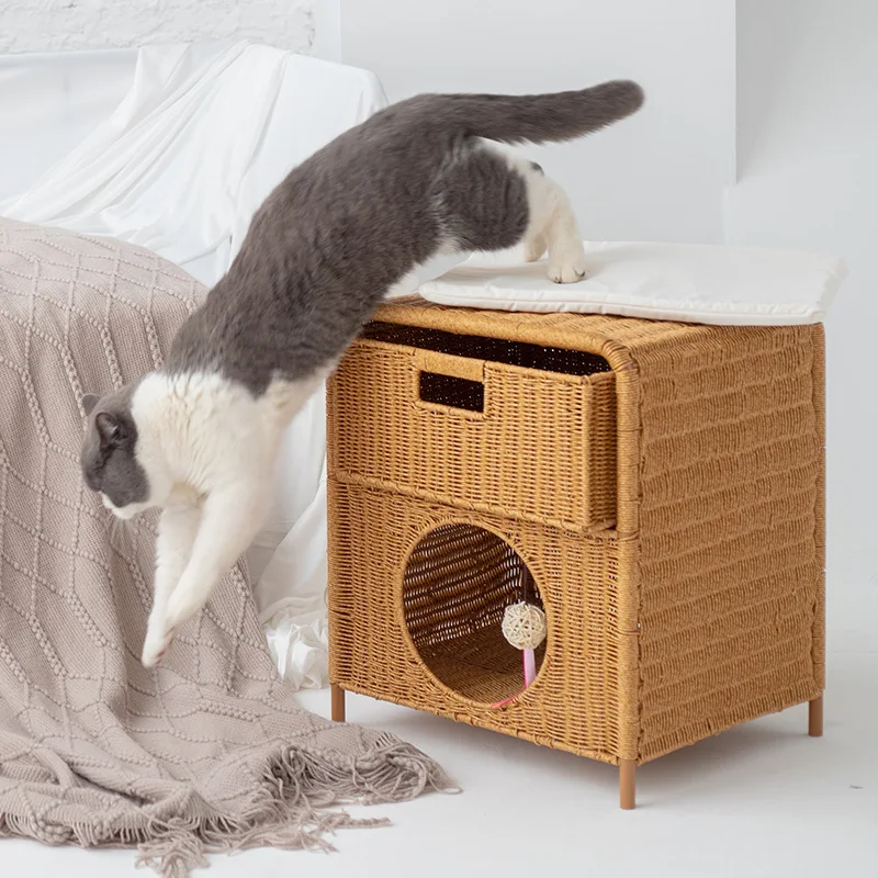 Универсальный летний полузакрытый двухэтажный кошачий домик Four Seasons, прикроватный столик, плетение из ротанга, кошачье гнездо, кошачий домик, кровать для домашних животных Изображение 0