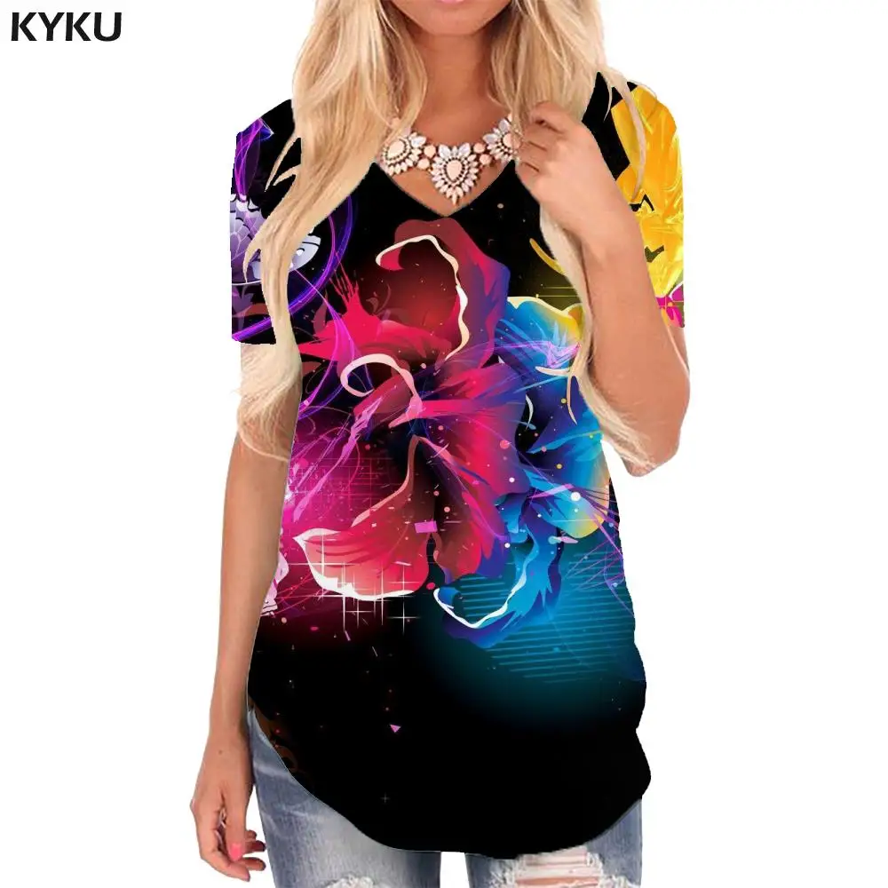 Футболка с цветочным рисунком KYKU, женские красочные футболки, футболка с 3D граффити, V-образный вырез, забавные футболки с бабочками, женская одежда в стиле хип-хоп, крутые Изображение 0