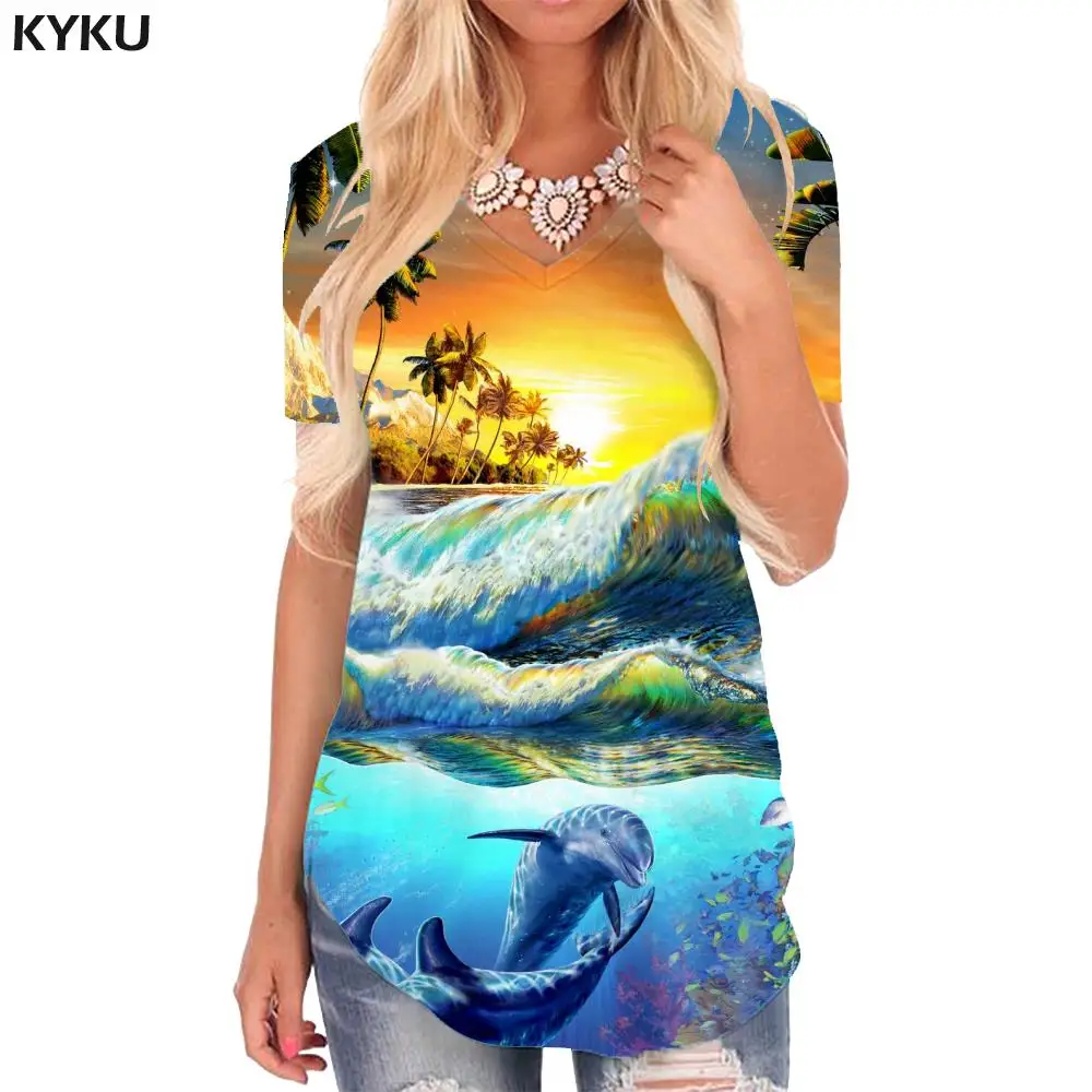 Футболка с цветочным рисунком KYKU, женские красочные футболки, футболка с 3D граффити, V-образный вырез, забавные футболки с бабочками, женская одежда в стиле хип-хоп, крутые Изображение 2