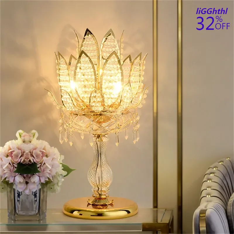 Хрустальная настольная лампа LED Lotus Настольная лампа Современное золото Креативный дизайн ламп Украшения дома прикроватные светильники хрустальное освещение. Изображение 0